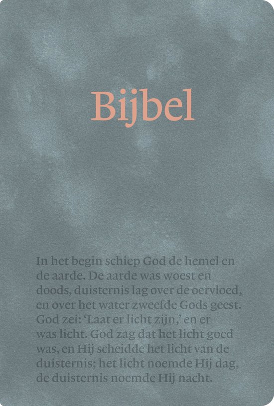 Couverture grise avec le texte "Bijbel" en corail et un passage biblique.