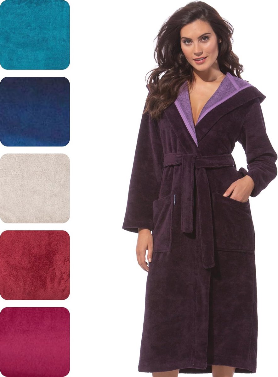 Dames Badjas met Kap van Velour en Katoen - Bamboe en Microvezel - Burgundy