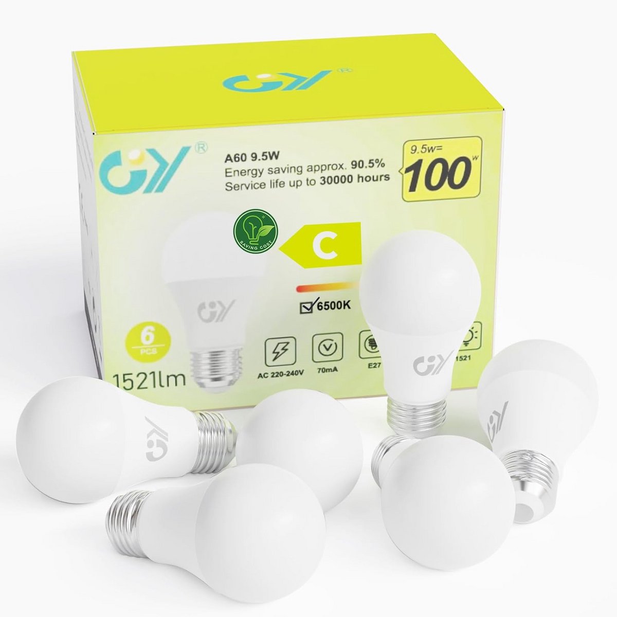 E27 LED Lampen 9,5W 1521 Lumen Koel Wit 6500K Niet-Dimbare Set van 6