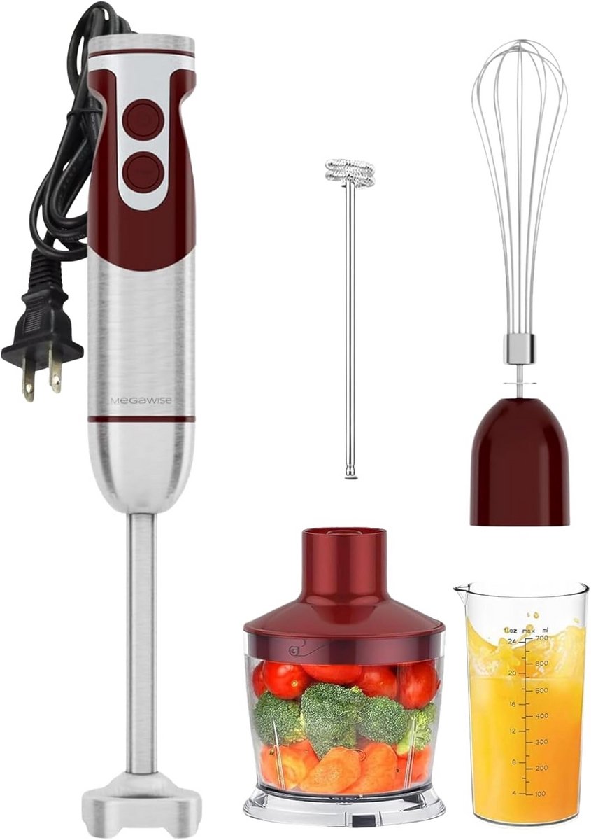 5-in-1 Staafmixerset met Hakmolen, Garde, Melkopschuimer en Beker - 400W Variabele Snelheid