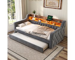 HAUSS SPOLE Slaapbank 90x190 cm - Uitschuifbed met Opbergruimte en Instelbare LED - USB-C - 12 Lattenroosters Hout-Metaal - Fluweel - Donkergrijs - Zonder matras