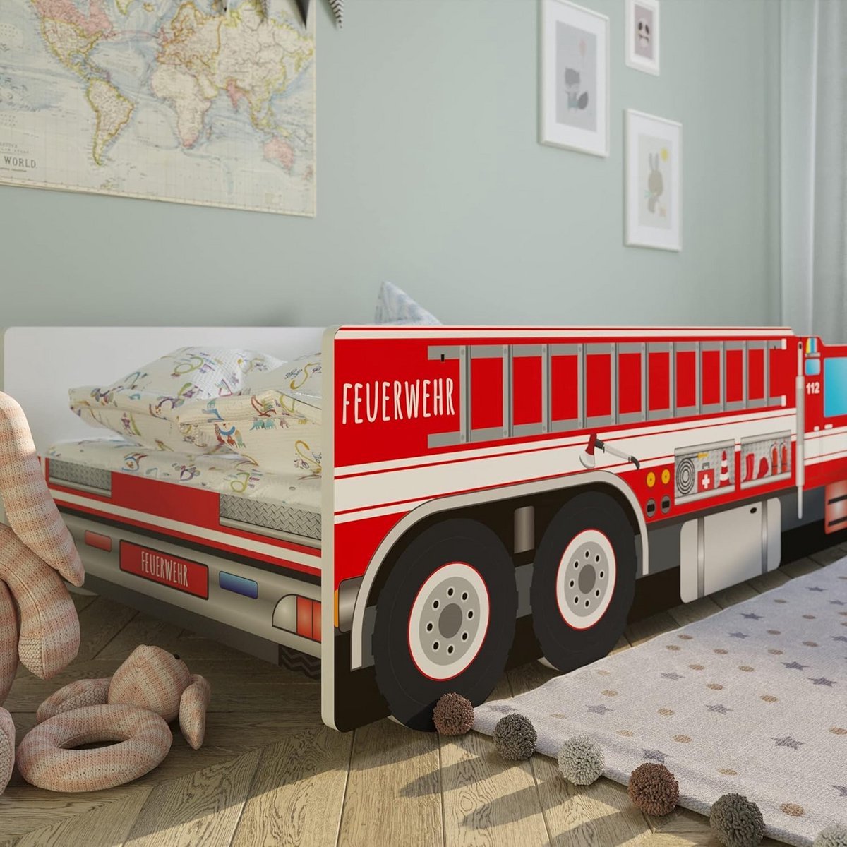 Speelbed Kinderbed 80x160cm met Valbeveiliging en Lattenbodem Brandweer Thema