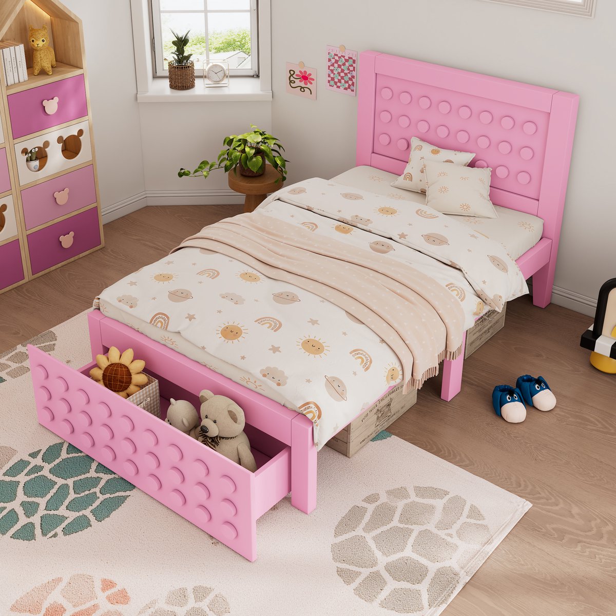 STILVORA Houten Bed 90x200 cm - Creatief Blokdesign - Met Lattenbodem en Grote Lade - Kinder- en Jeugdkamer - Massief Hout - Zonder matras - Roze