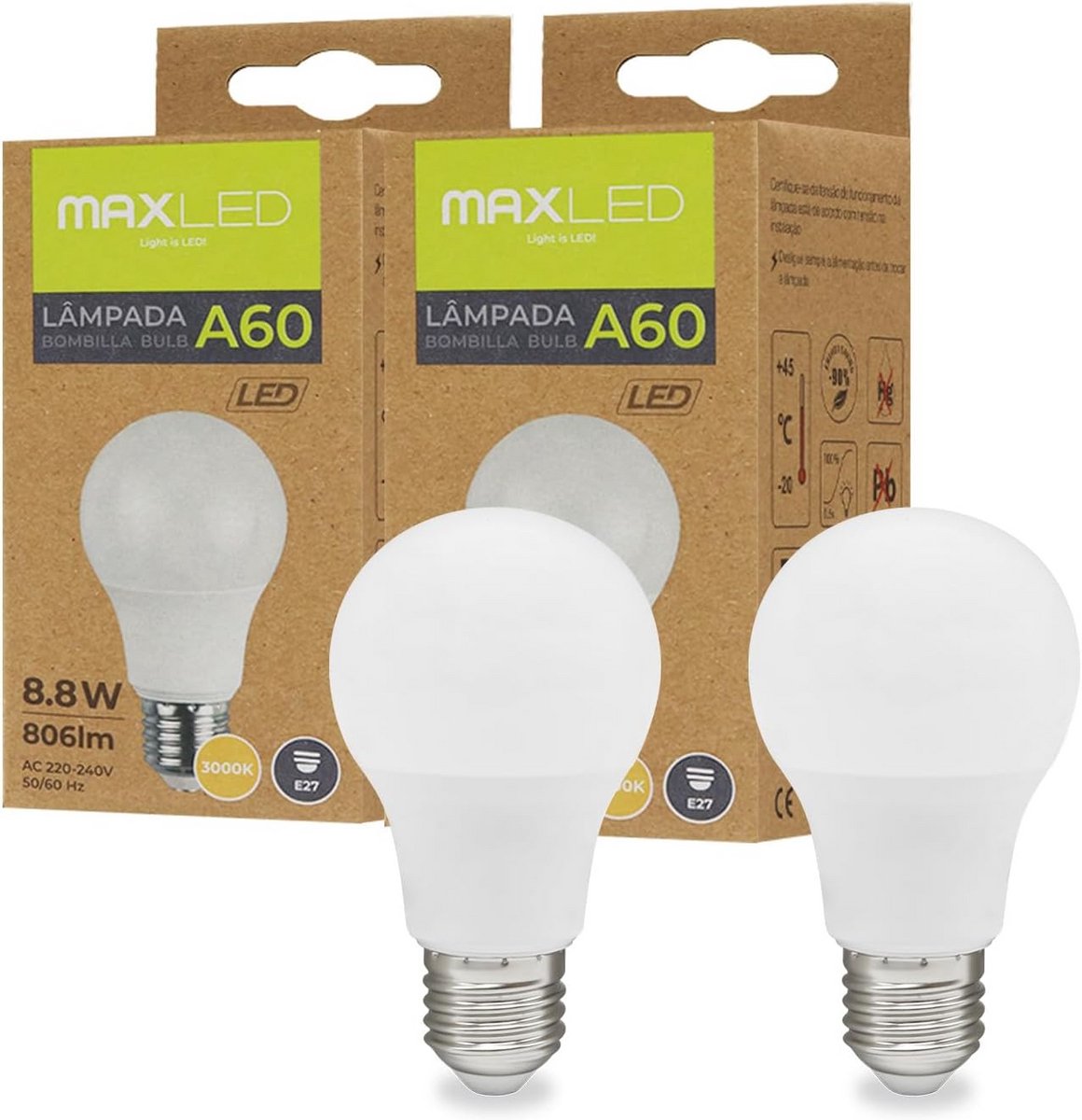 2x E27 LED Lampen 8.8W Dimbaar Warmwit 3000K 806 Lumen (Vervangt 65W Halogeen)