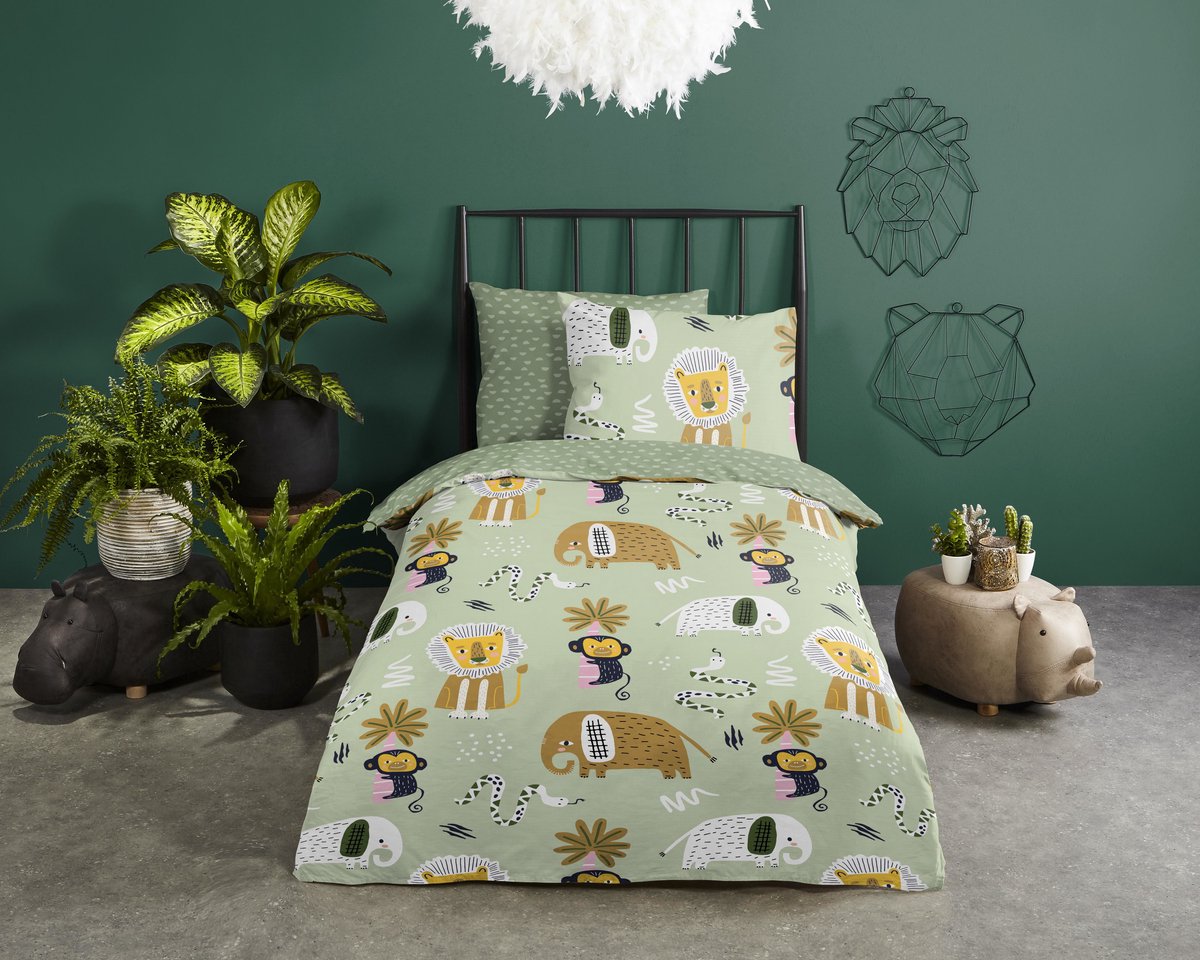 Good Morning dekbedovertrek dieren - Ledikant/ baby 100x135 cm - Groen - 100% Katoen renforce