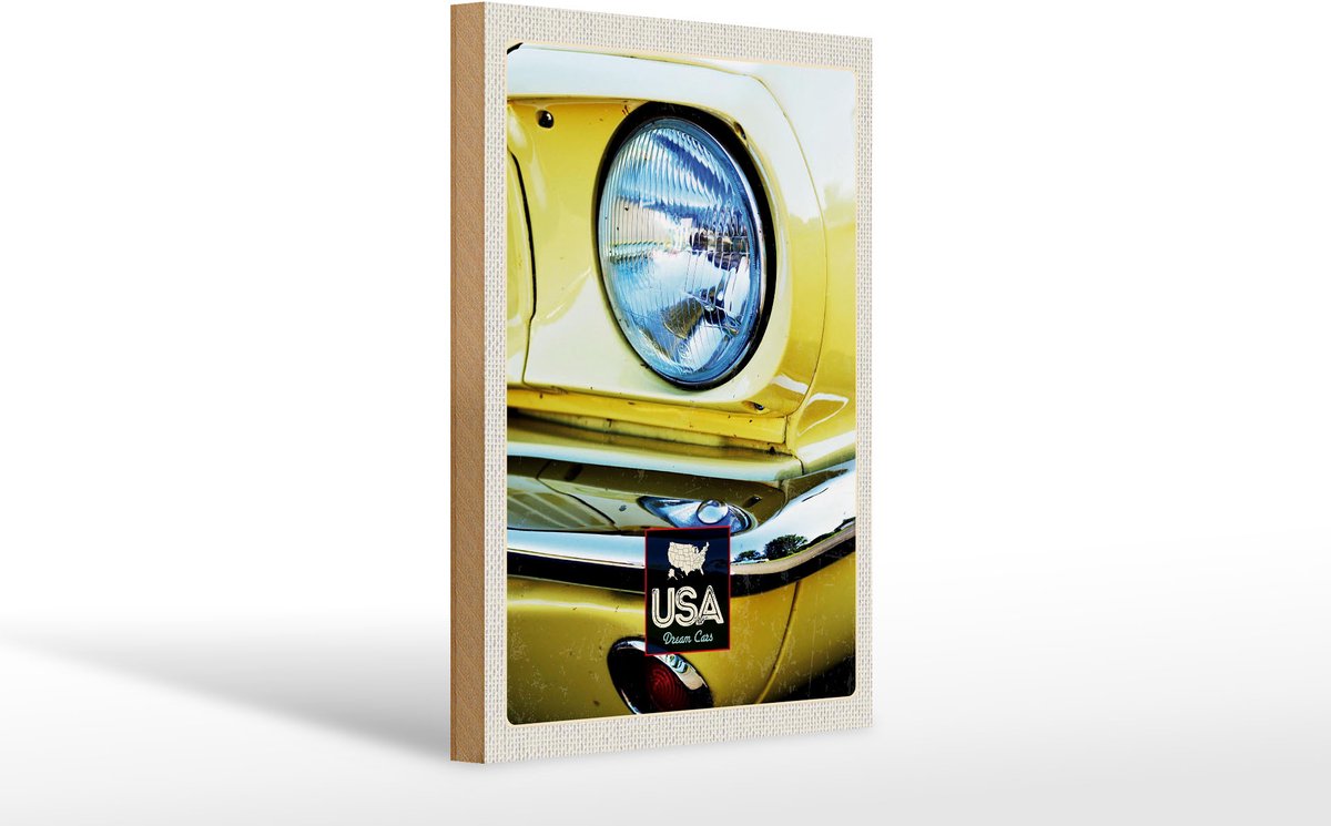 Holzschild Reise 20x30cm Amerika Oldtimer Scheinwerfer gelb