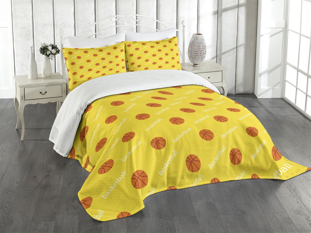 ABAKUHAUS Basketbal Dagdeken Set – 3-delig 220x220 cm – Geel/Oranje/Wit – Gesteppt