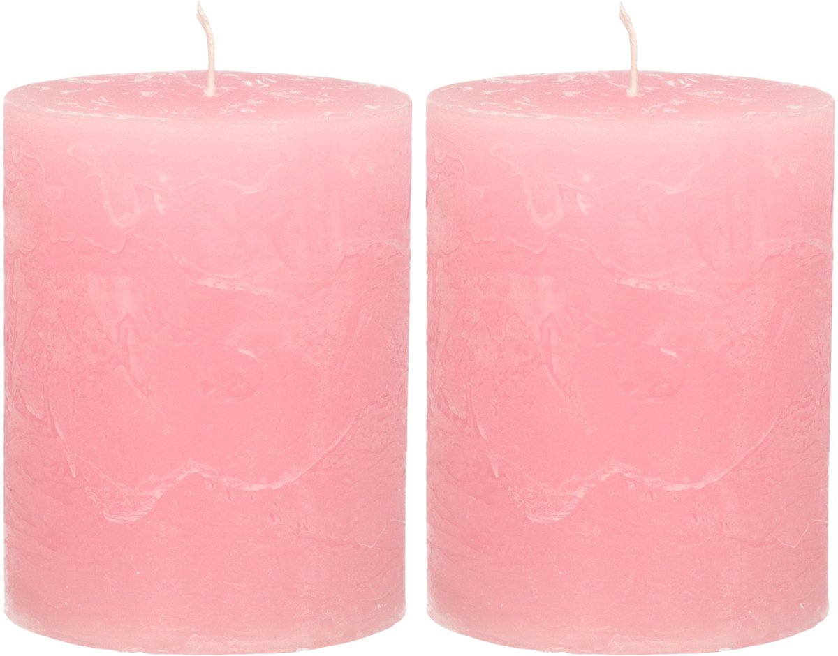 Atmosphera Stompkaars - 2x - roze - 7 x 9 cm - middel rustiek model - cilinderkaars - kaars