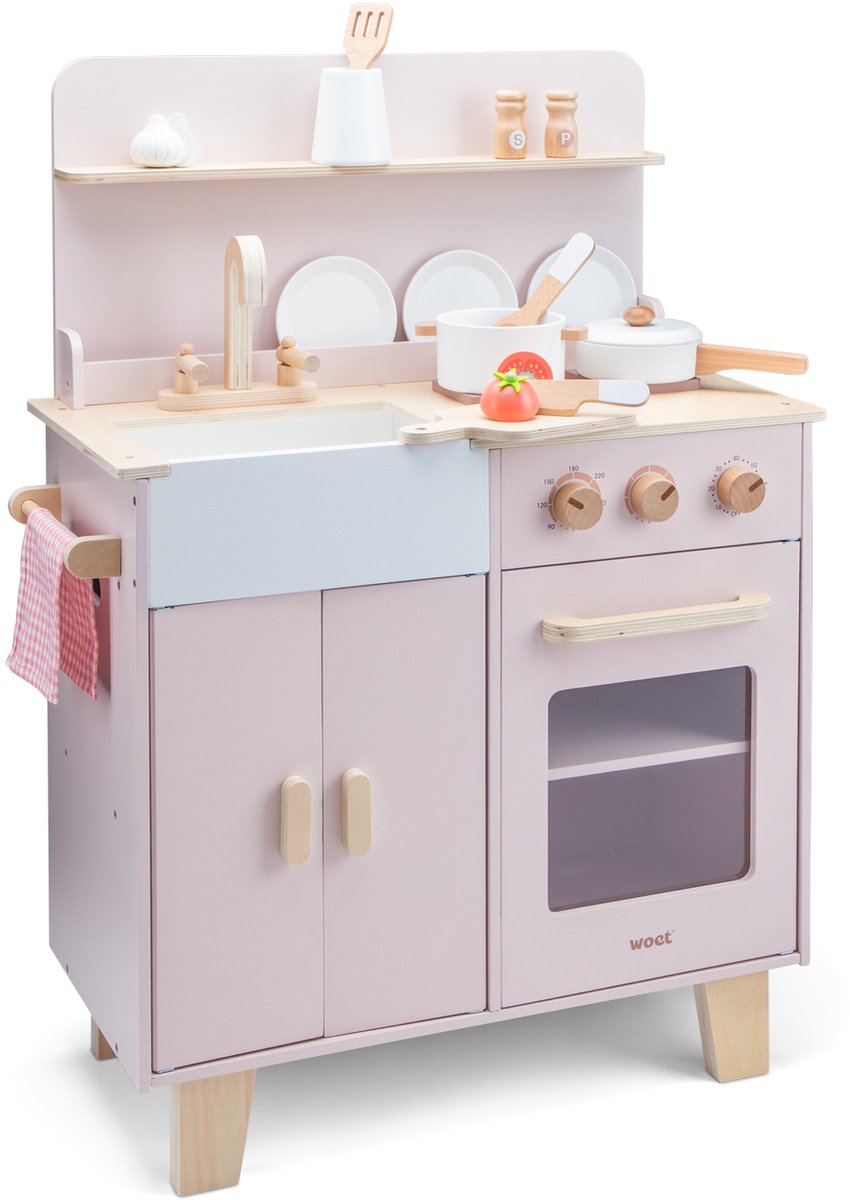 Woet® Houten Speelgoed Kinderkeuken Roze - Speelkeukentje met Pannen, Servies, Groente en Snijplank - Houten Speelkeuken - Werkbladhoogte 55 cm - Rollenspel - Vanaf 3 Jaar — afbeelding 9