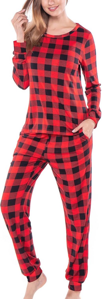 Damespyjama-sets met lange mouwen en broek - Zachte lounge set in Buffalo Plaid
