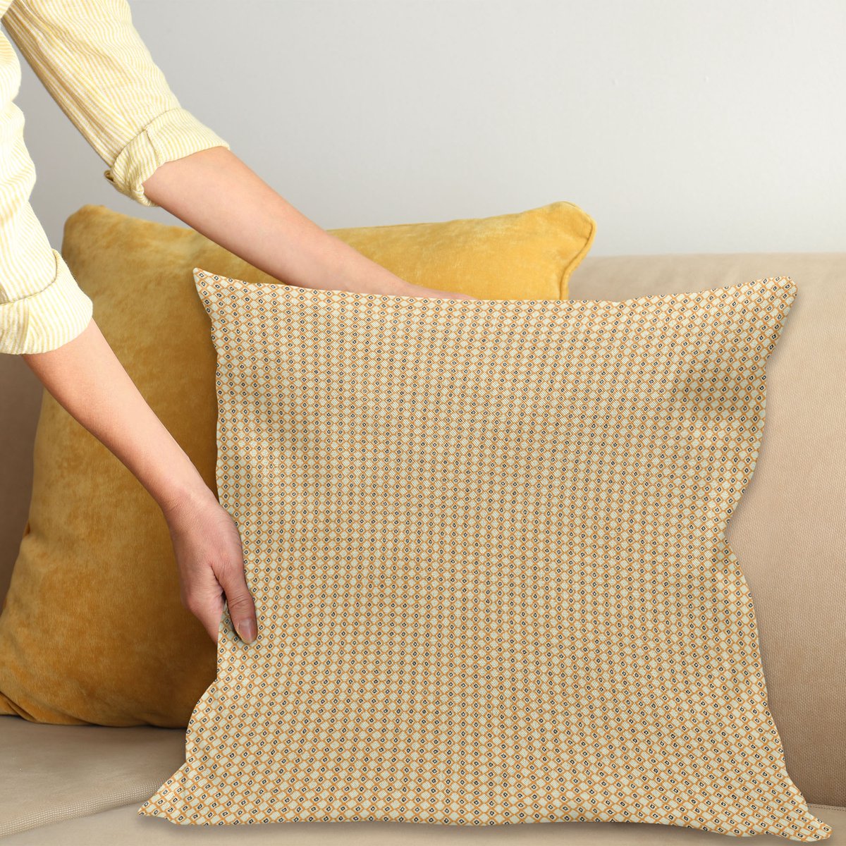 ABAKUHAUS Geometrische kussenhoes – Dubbelzijdig – 40×40 cm – Crème/Abrikoos
