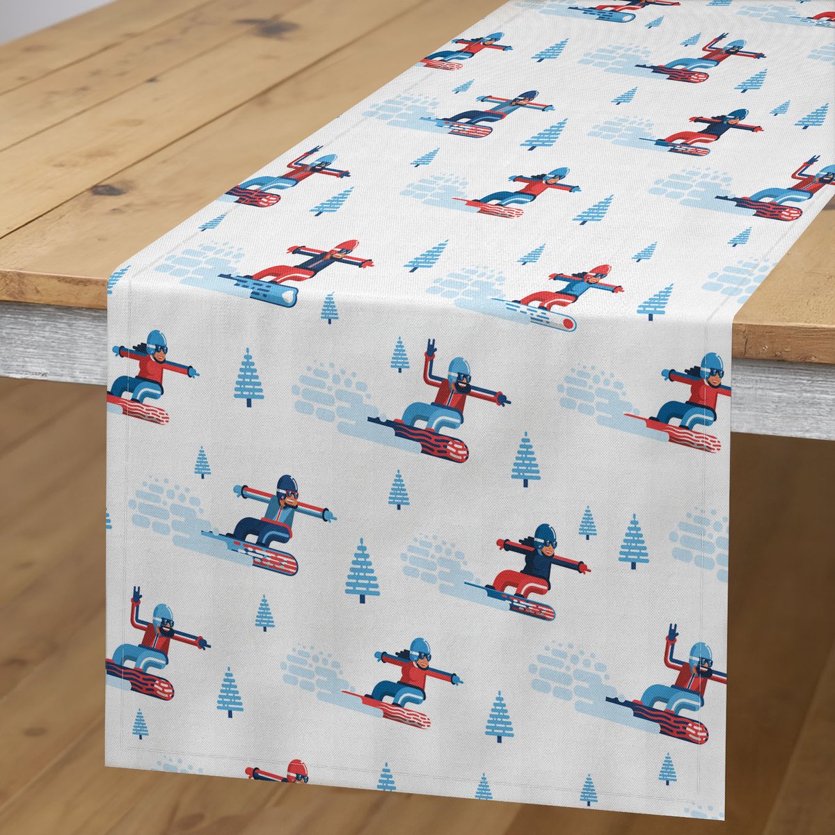 ABAKUHAUS Tafelloper – Wintersport, 40×180 cm, Polyester, Blauw/Wit/Vermiljoen