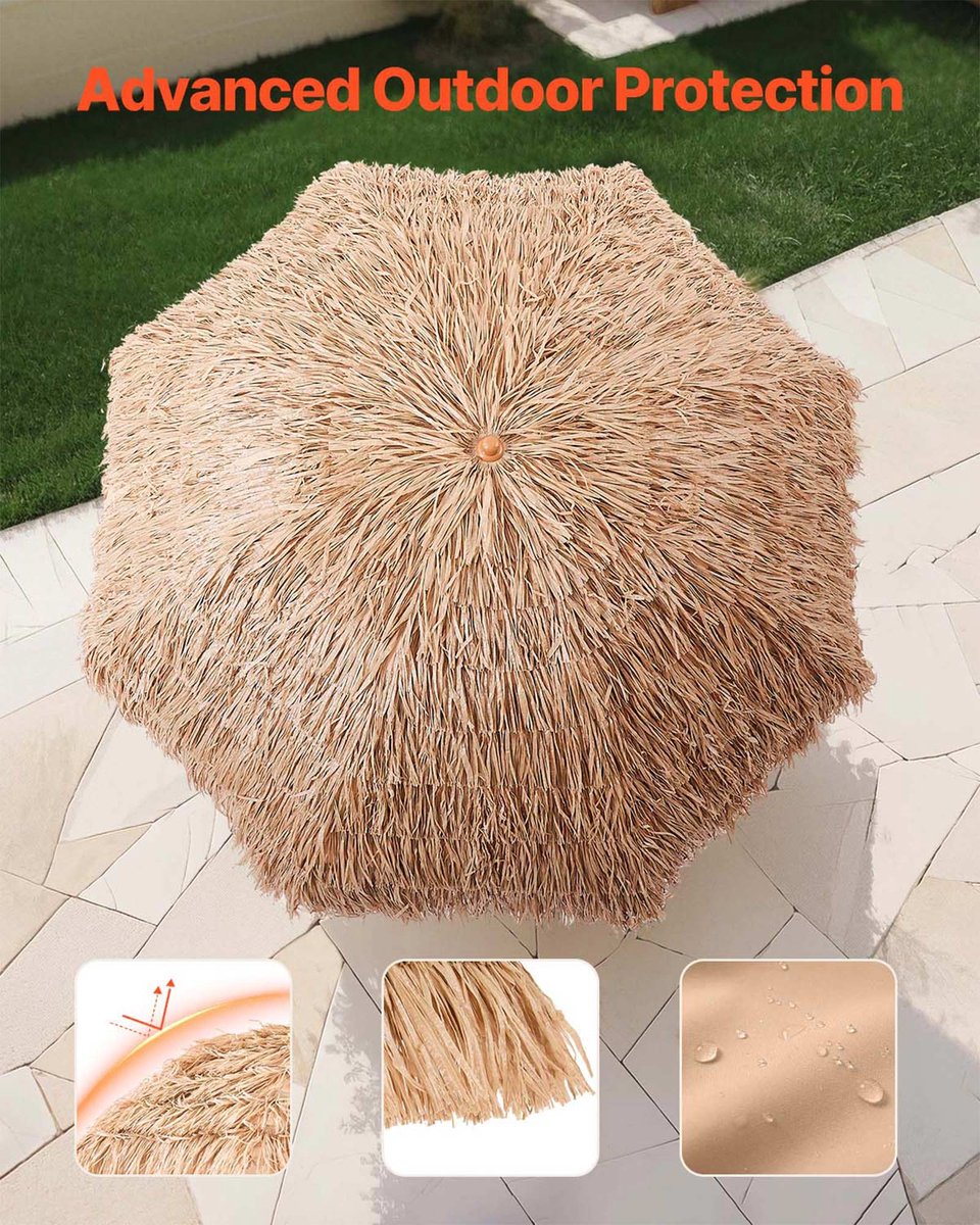 VEVOR Tiki-Parasol, 2,4 M Rieten Terrasparasol met Kantelfunctie, Hawaiiaanse Strandparasol met Duurzaam Pp-Riet En 8 Metalen Baleinen, Grasparasols voor Strand, Terras, Zwembad, Achtertuin En Tuin thumbnail 6