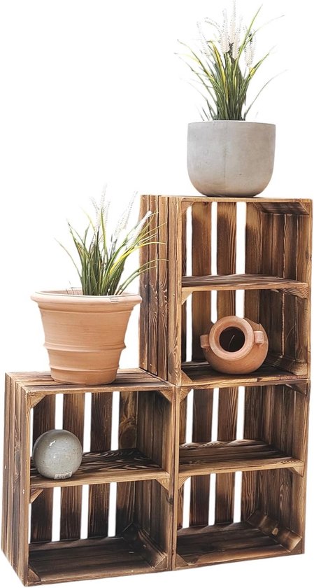 Altes Land Set van 4 massieve fruitkisten, appelkist, wijnkist, ca. 50 x 40 x 30 cm (gevlamd