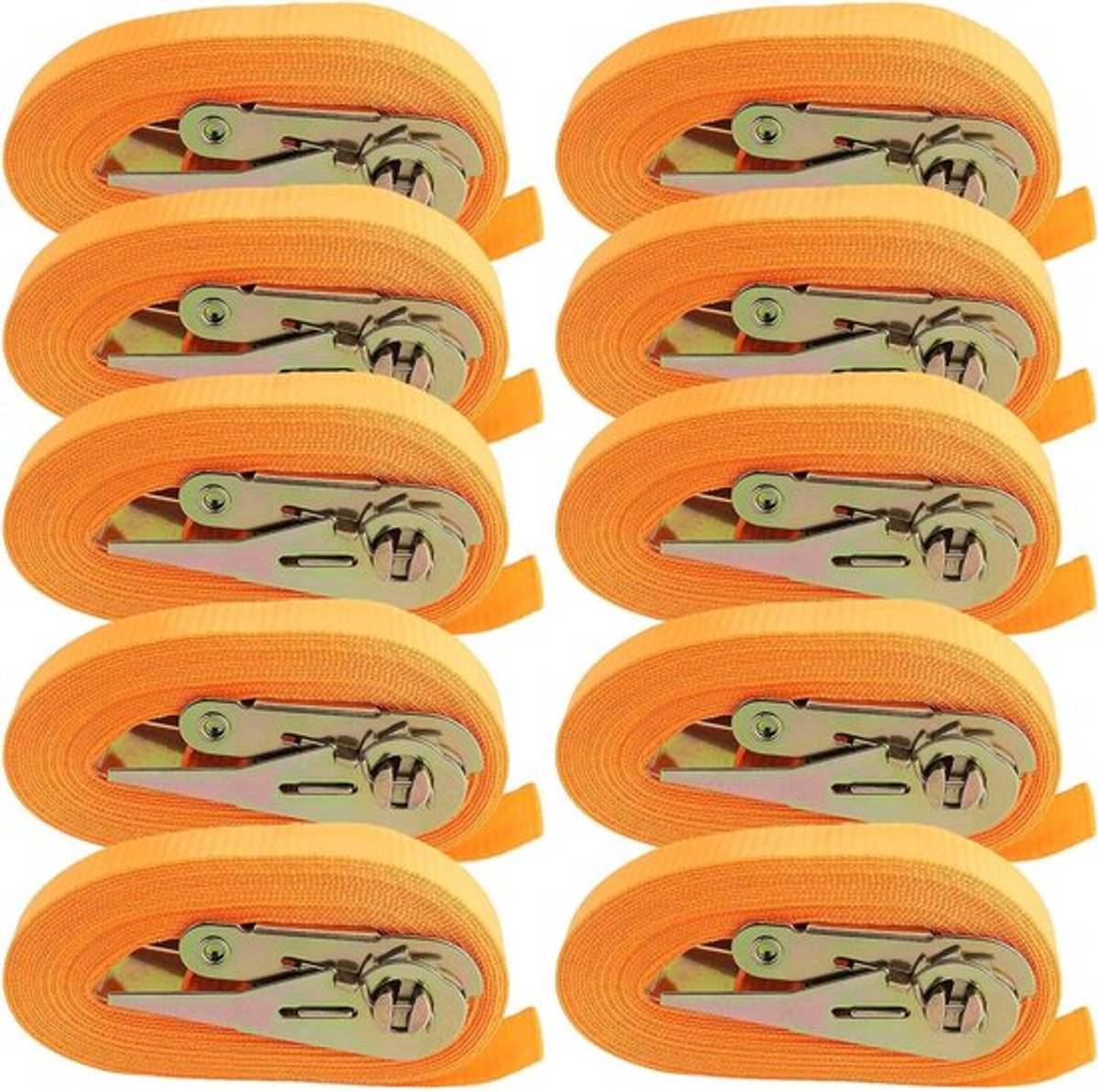 Set van 10 stevige spanbanden, 6 meter lang, 25 mm breed, met ratel - Belastbaar tot 800 kg - Sjorbanden voor veilig vastzetten van lading - Oranje kleur.