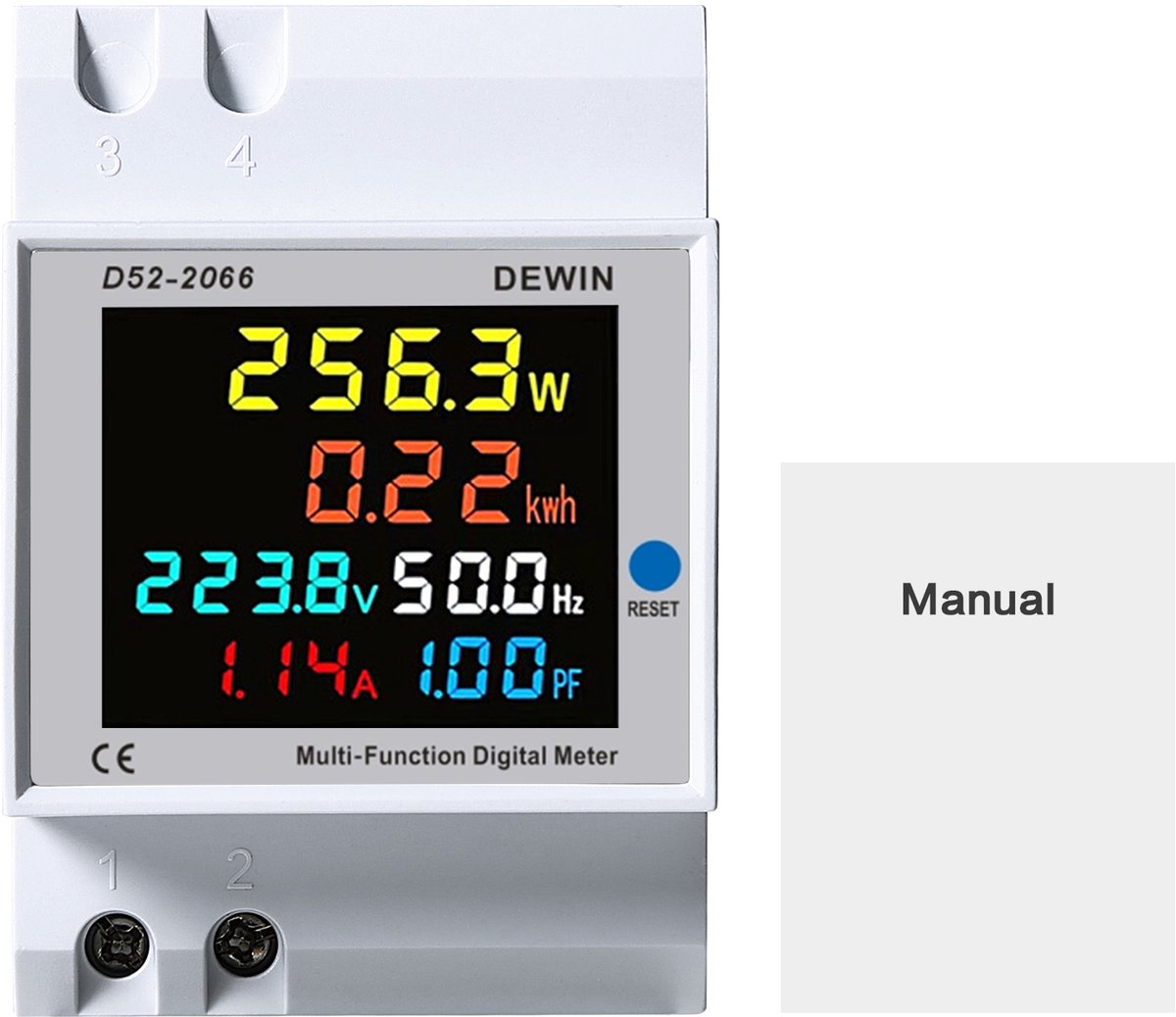 Energiemeter voor DIN-rail - Energiemeter met Led verlicht display - Verbruiksmeter - Stroomverbruik meter - Elektriciteitsmeter - 6-in-1 stroom spanning vermogen kWh - AC 40-300V - met ingebouwde transformator