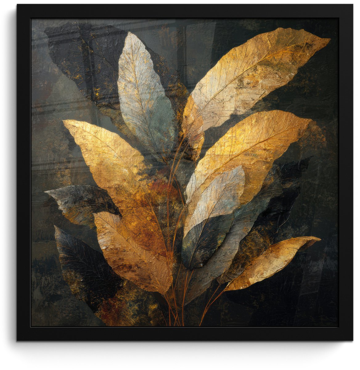 FrameYourWall Poster in lijst - Fotolijst 40x40 cm - Posters - Gouden Bladcompositie – Botanische Luxe - Posterlijst zwart - Decoratie - Wanddecoratie woonkamer - Muurdecoratie slaapkamer Bladeren - Goud - Luxe