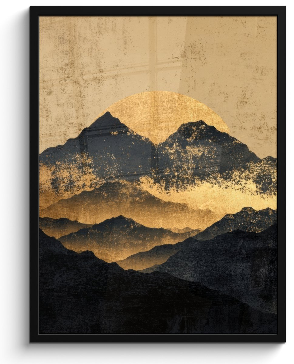 FrameYourWall Poster in lijst - Fotolijst 60x80 cm - Posters - Gouden Bergen bij Maanlicht - Posterlijst zwart - Decoratie - Wanddecoratie woonkamer - Muurdecoratie slaapkamer Bergen - Goud - Schilderij