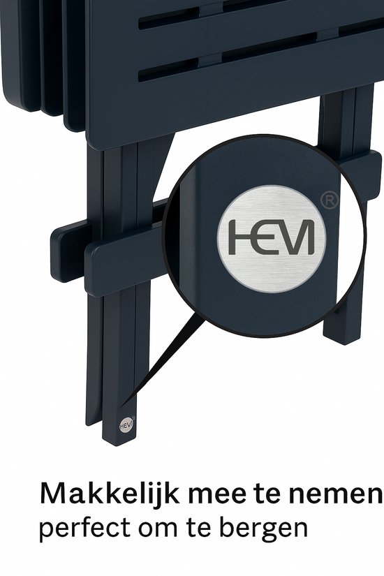 Donkerblauwe inklapbare tafel met cirkelvormig HEM logo.