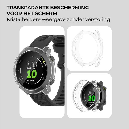 Set met transparante Garmin Forerunner 55 hoesjes, waaronder een model op de smartwatch.