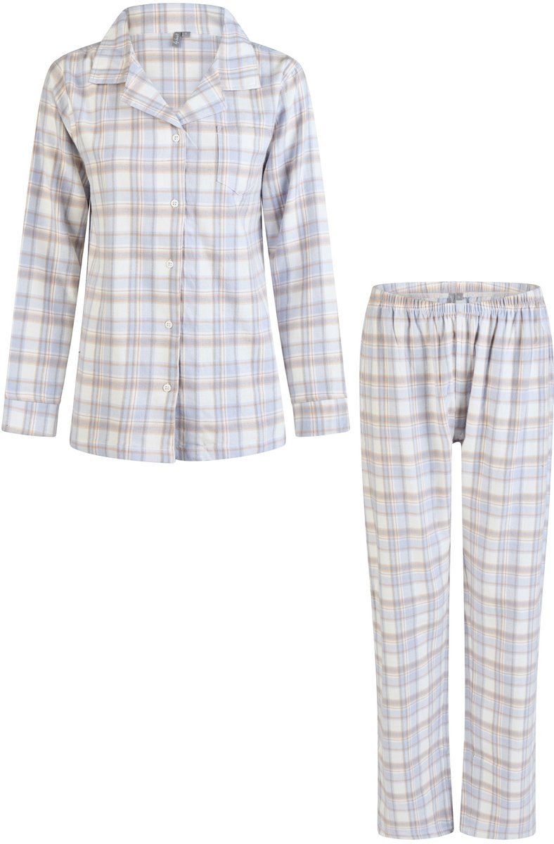 By Louise Dames Pyjama Set Flanel Lang Met Knoopsluiting Blauw/Wit Geruit