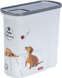 Witte opbergbak met grijze deksel. Afbeeldingen van twee teckels en een rode bal, met 'Pets Collection' logo.