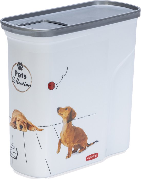 Witte opbergbak met grijze deksel. Afbeeldingen van twee teckels en een rode bal, met 'Pets Collection' logo.