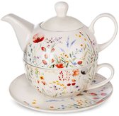 Orion Maki Serie - Porseleinen Theepot en Kop - 400ml - Veldbloemen Decor - Geschikt voor Magnetron en Vaatwasser
