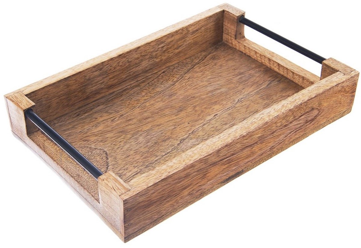 Orion - Mango Hout Dienblad - Rechthoekig - 30,5 x 20,5 x 6 cm - Zwart Metalen Handgrepen