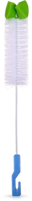 Brosse à bouteille blanche avec crochet bleu et deux éponges vertes.