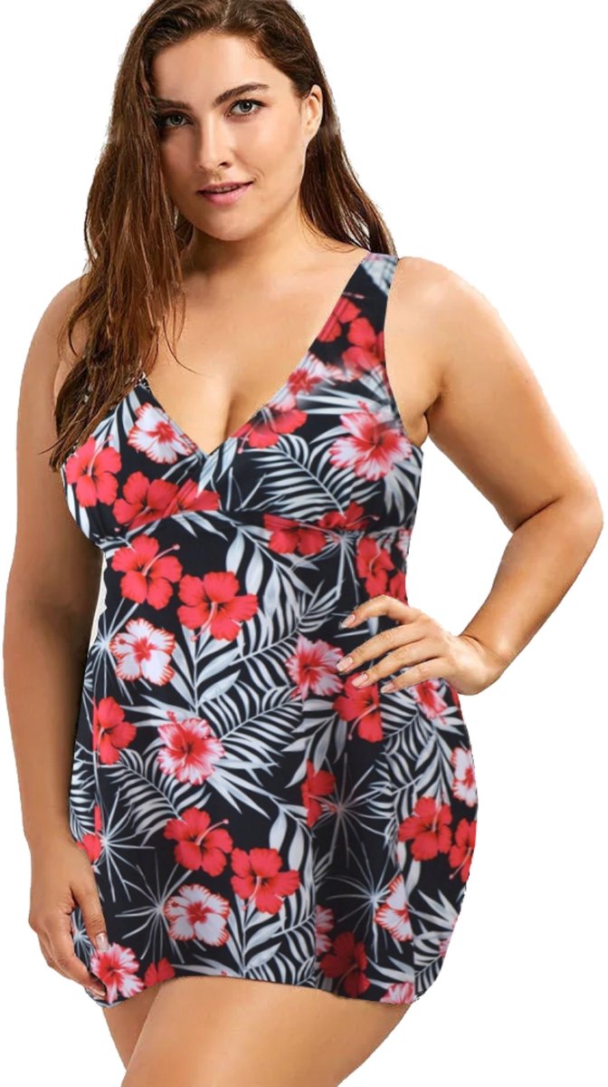 Sapphire Tankini - Plus Size Badpak - Twee Stukken - Bloemenprint - Zwart L