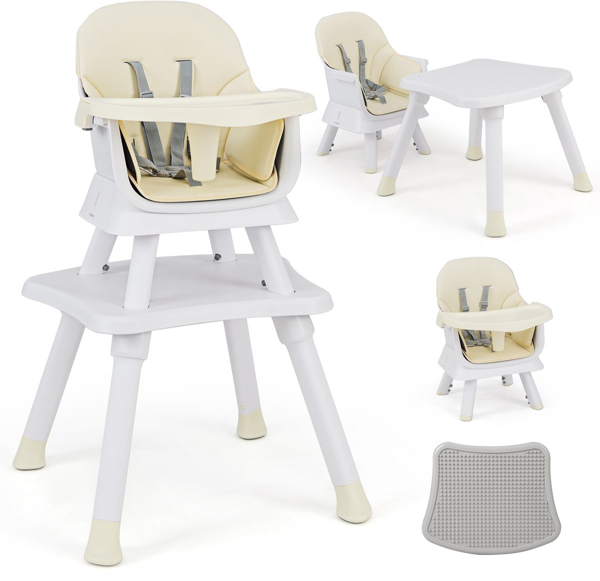 COSTWAY 6-in-1 babystoel, kinderstoel, eetstoel, leertafel, bouwsteentafel, kinderzitgroep, kinderstoel met veiligheidsgordel en afneembaar dienblad, babystoel, combi-kinderstoel (beige + wit)