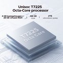 Unisoc T7225 Octa-Core processor met 4GB RAM, 128GB ROM en 2TB uitbreidbare opslag.