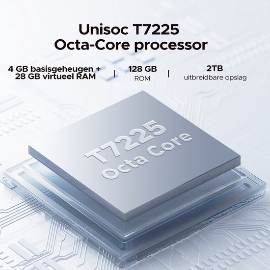 Unisoc T7225 Octa-Core processor met 4GB RAM, 128GB ROM en 2TB uitbreidbare opslag.