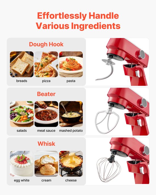 7,4 L Elektrische Standmixer, 1800W Keukenmixer met 10 Snelheden, Kantelbaar Kopontwerp, Roestvrijstalen Kom, Deeghaak Garde en Klopper voor Bakken, Mixen, Kloppen en Kneden, Zilver van Merkloos — afbeelding 4