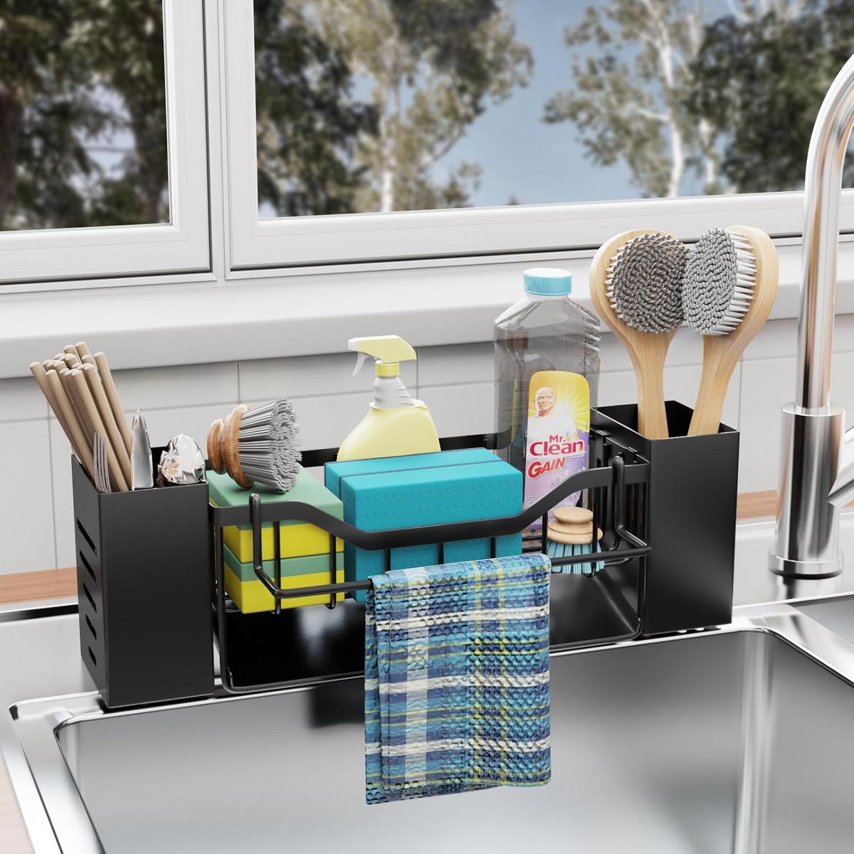 Gootsteenorganizer met spoeldoekhouder en opbergdoos - automatische afvoer - zwart
