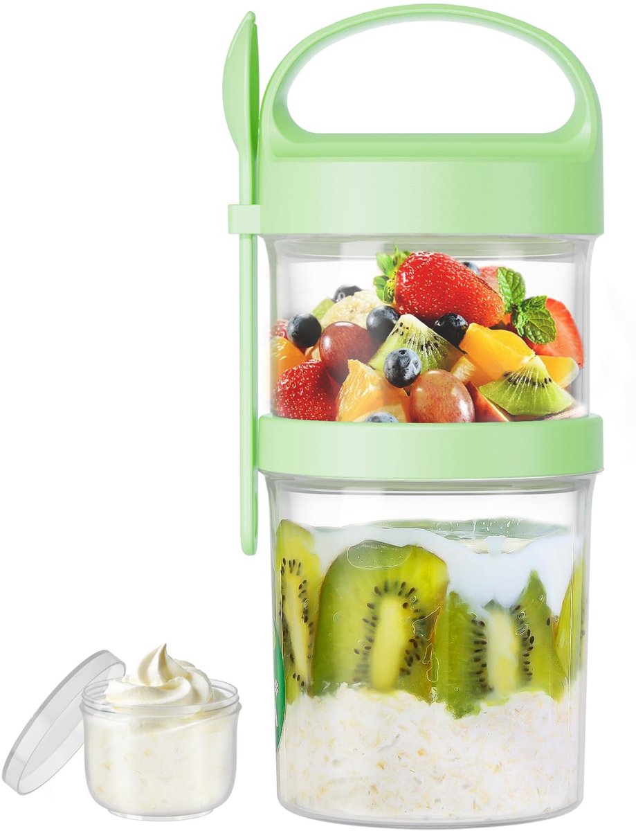 Unyqoos® Dubbellaagse draagbare mueslibeker met lepel voor ontbijt en lunch