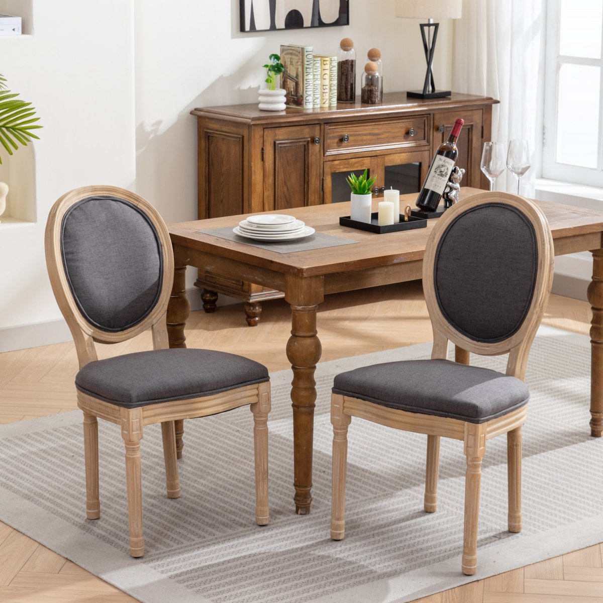 Re-purelife® Massief Hout Collectie - Set van 2 Franse Eetkamerstoelen - Zachte Linnen Sto