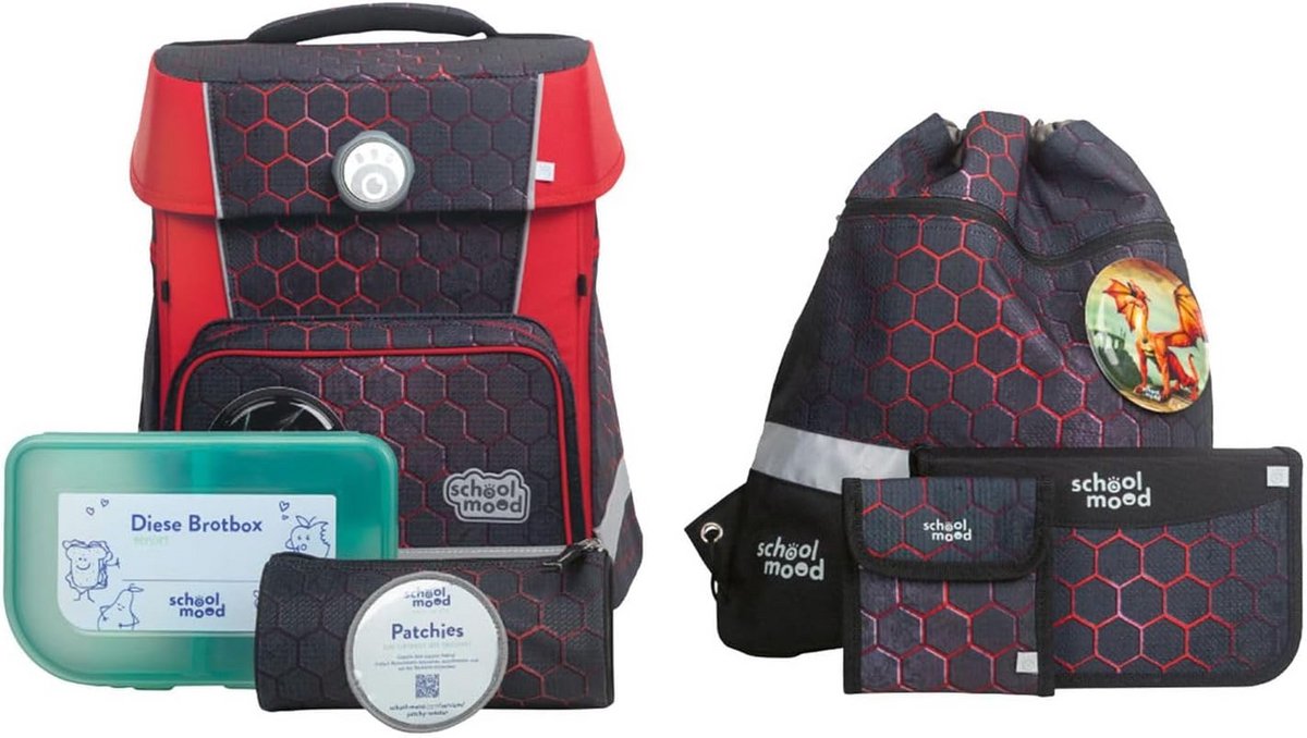 7-delige schooltas set met LED's - Champion Maxx Patchy Mika grijs rood