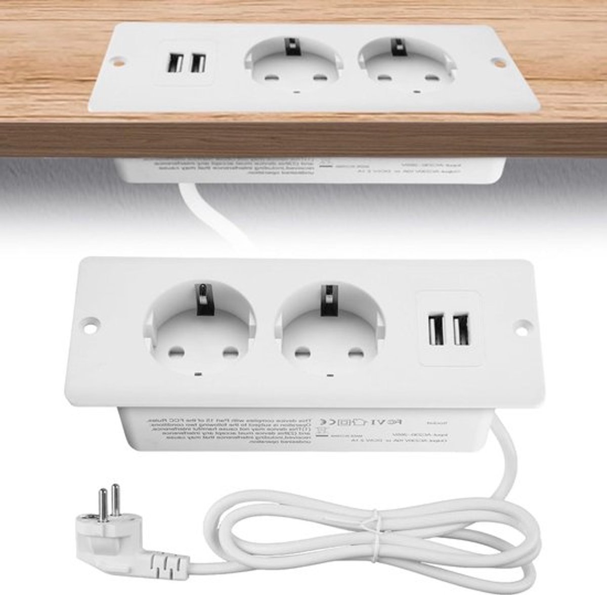 Tafelcontactdoos met 2 stopcontacten en 2 USB-poorten - 1.5 m kabel - voor werkblad of vergadertafel (wit)