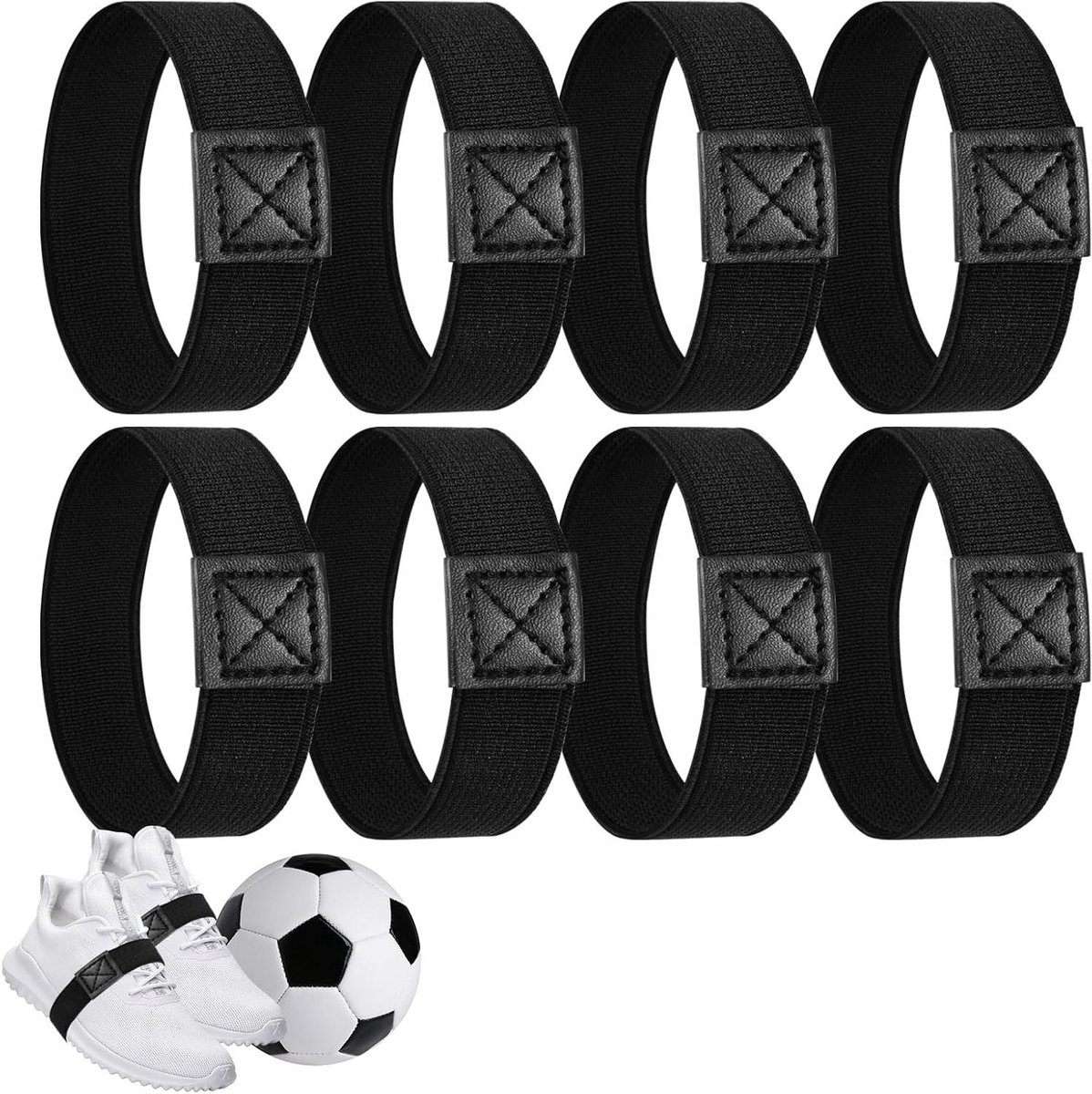 Zwarte elastische fixeerbanden voor voetbalschoenen, set van 8, diameter 6 cm, breedte 2 cm, comfortabel en drukvrij.