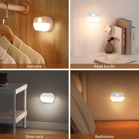 Nachtlampje met bewegingssensor - 2 witte LED's + 2 warmwitte LED's - batterijsensor - automatisch aan/uit - Ideaal geschikt voor kinderkamers, slaapkamers, trappen, gangen en keukens - L 6.6 W 4.2 H 2 cm|Cyslmuk® van Merkloos — afbeelding 5