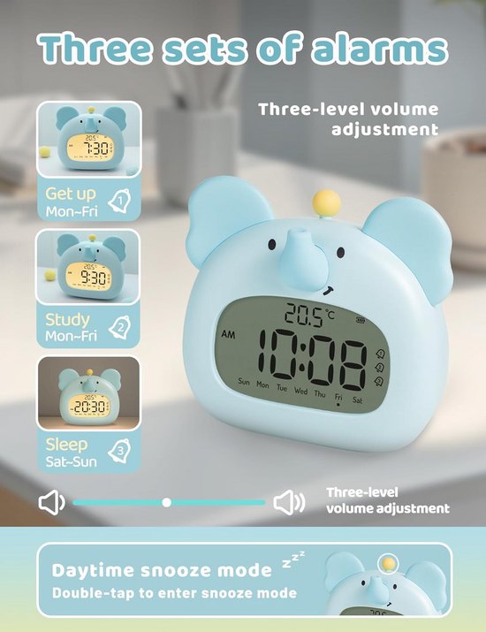 Digitale Kinderwekker met Nachtlampje, Oplaadbaar, 3 Alarmen, Weekendmodus en Temperatuurweergave — afbeelding 4