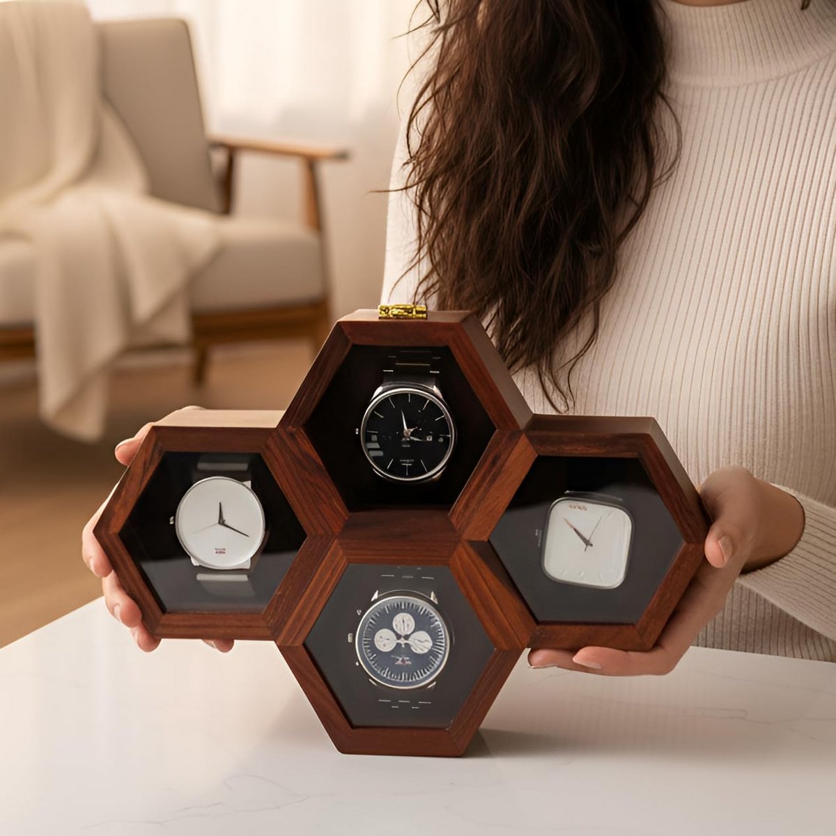 Houten Horlogedoos voor Mannen en Vrouwen - Antiek Hout met Glazen Deksel