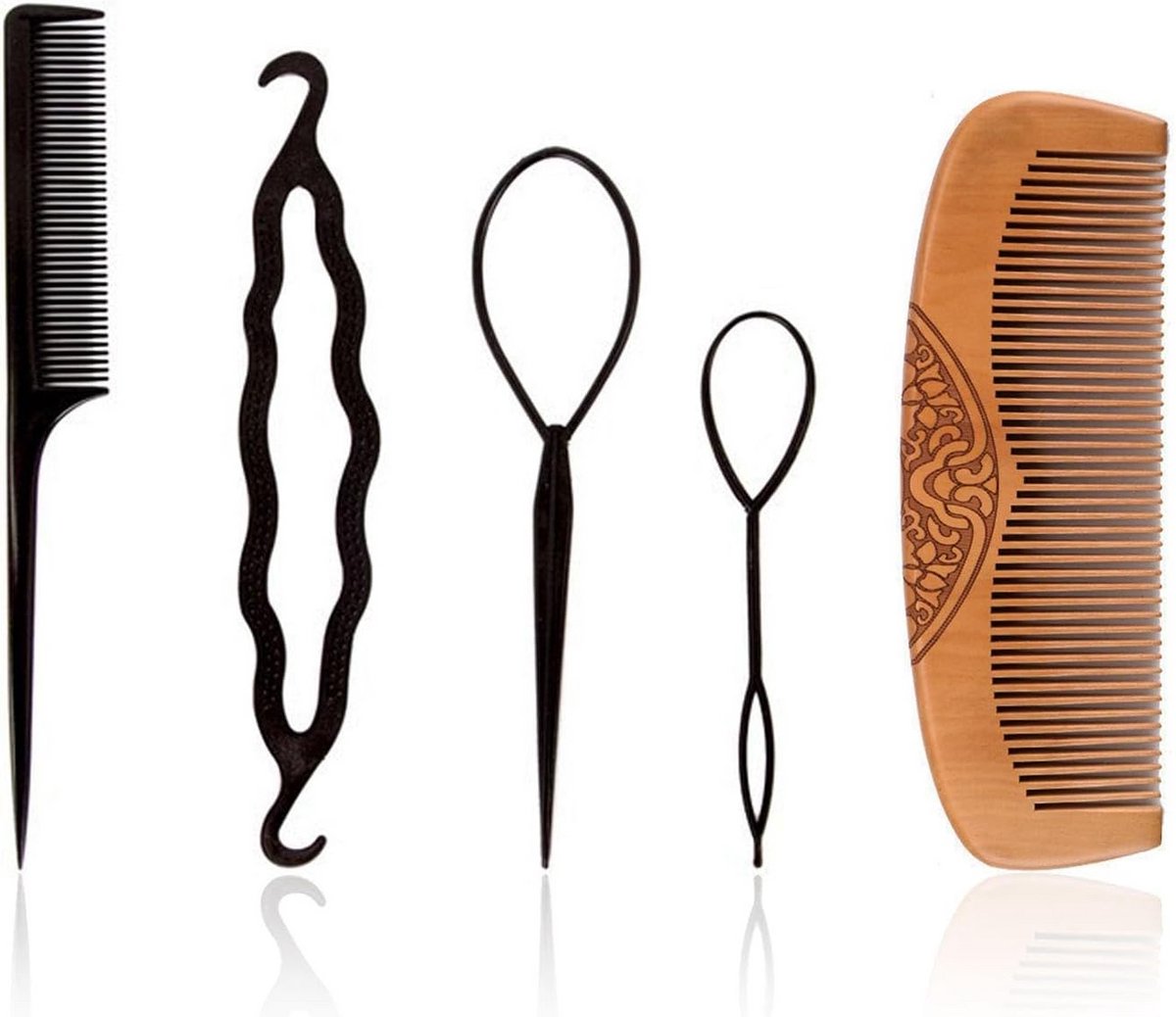 Houten Kam en Set van 4 Krultangen - Haarkam en Styling Accessoires