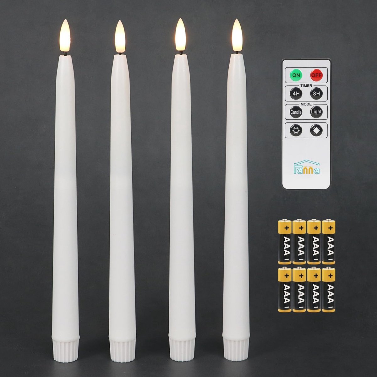 Flameless Taper Candles with Timer and Remote Control - Set of 4 White