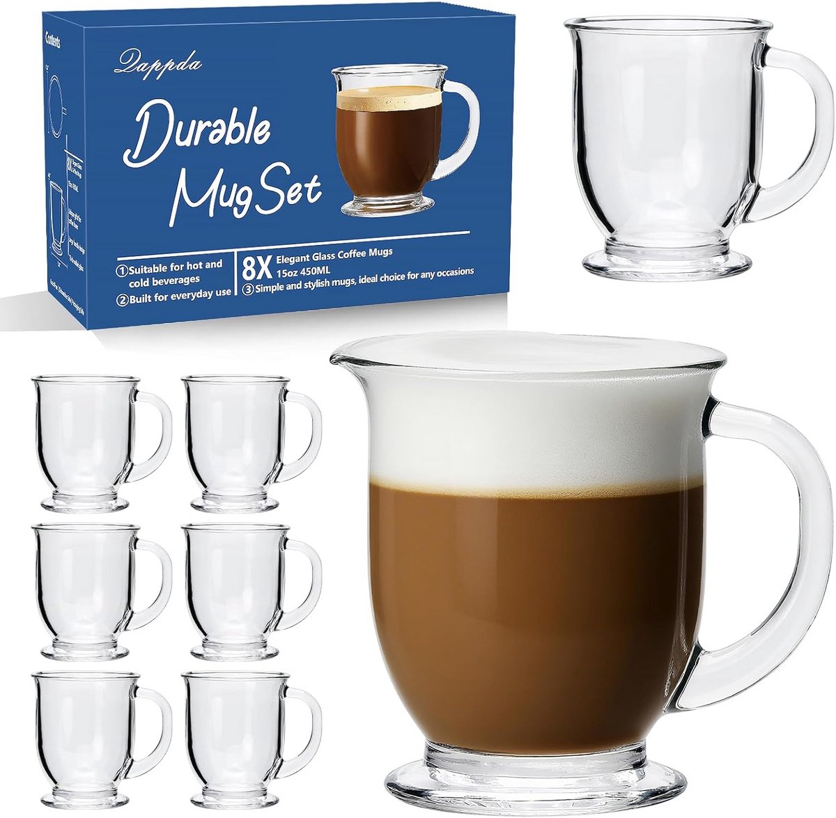 Set van 8 Transparante Glazige Koffietassen met Hendel 450ml voor Thee en Bier