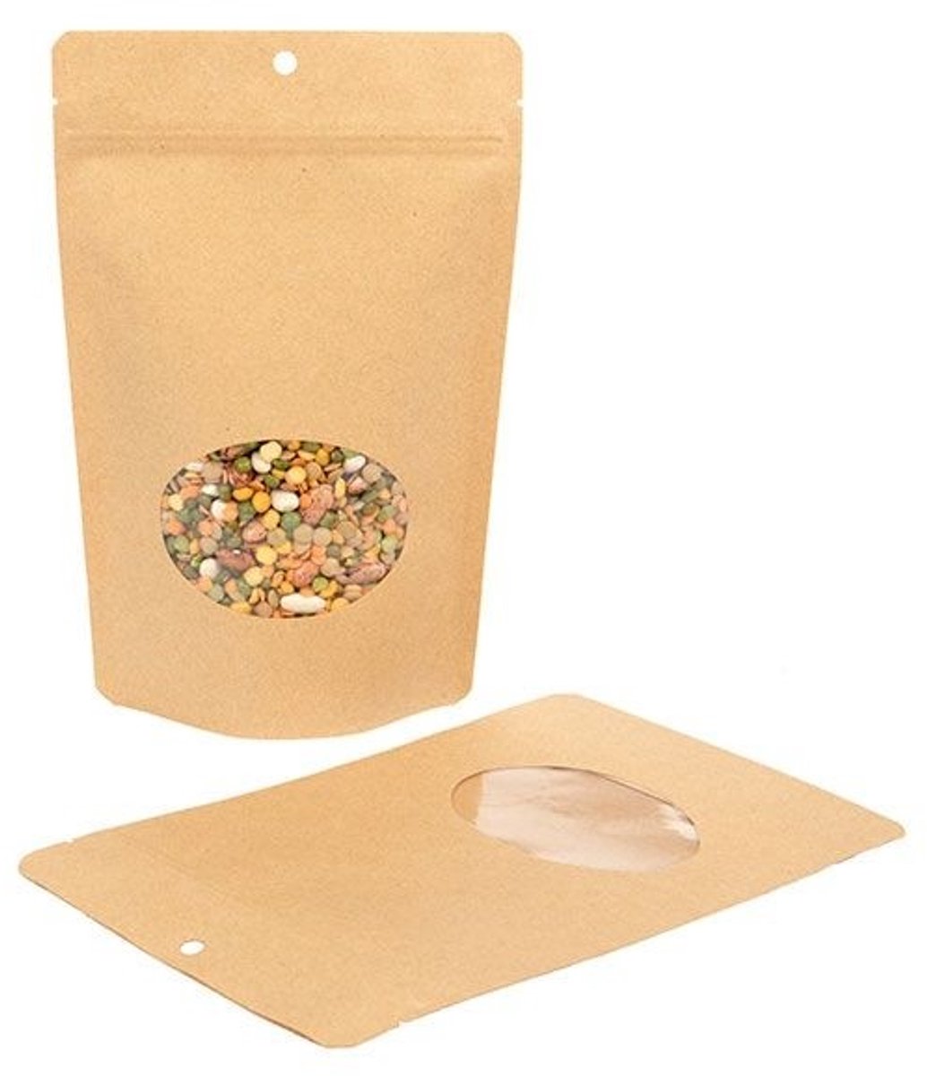 Stazakken Kraft Composteerbaar 14,9x8,9x23,2cm met ovaal Venster | 312 gram (100 stuks) | Doypacks | Stand up pouches
