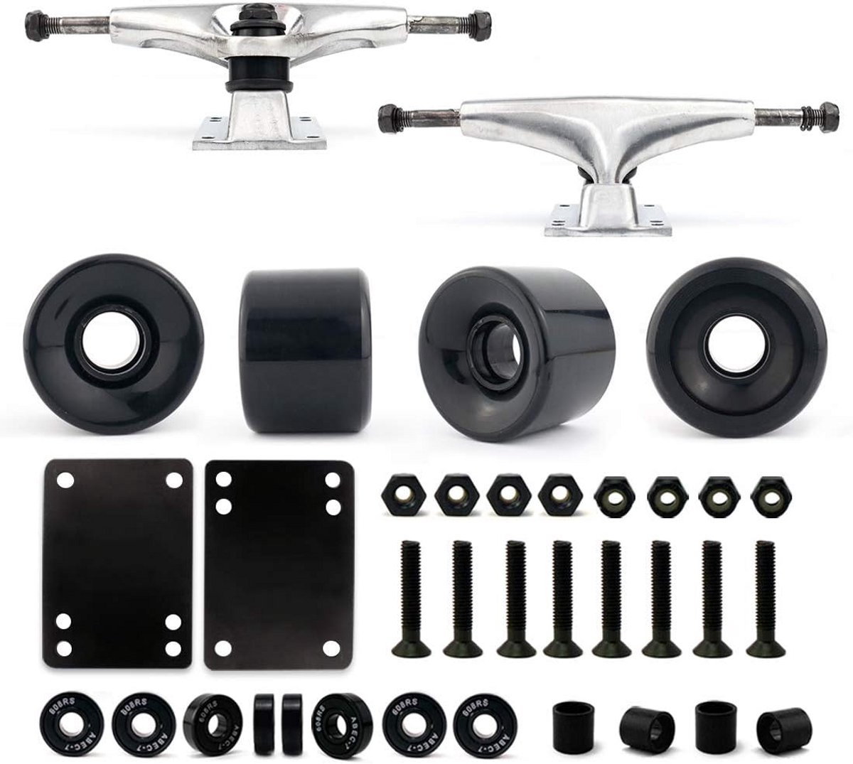 Cruiser Skateboard Truck en Wiel Set met Lagers Schroeven en Riser Pads Zwart