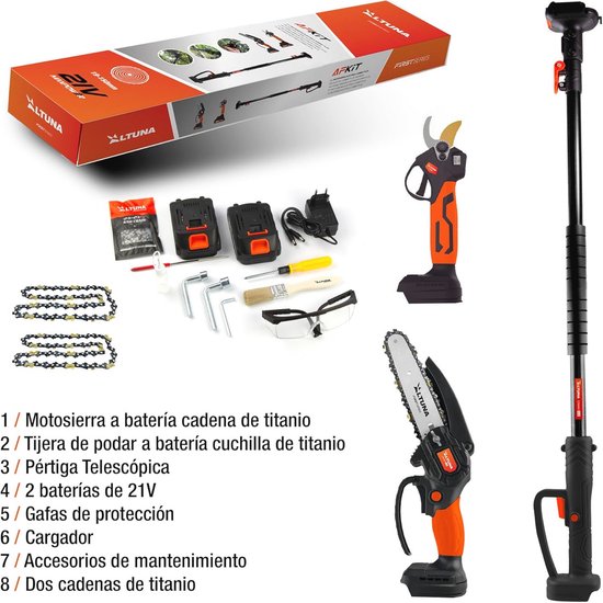 Titanium Batterijtakkenset - Accu-kettingzaag en Elektrische Snoeischaar met T telescoopstang tot 3,7 m - Inbegrepen 2 Accu's, Oplader en Beschermbril van WOLF-Garten — afbeelding 5